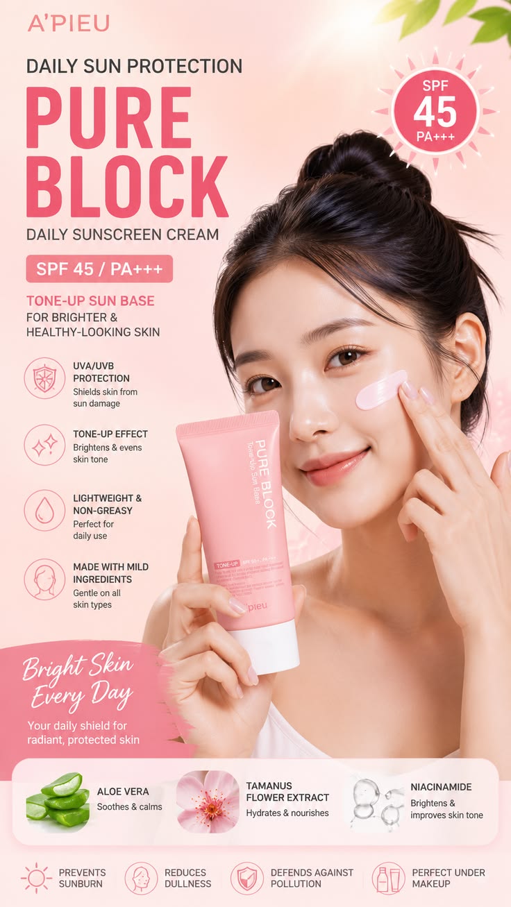A'PIEU Pure Block Tone-Up Sun Base SPF50+ - 50ml - Lymo Maroc