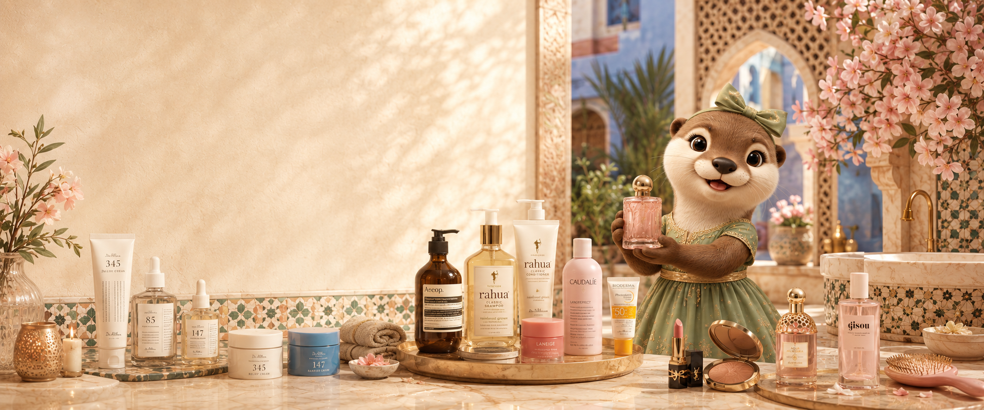 Lymo beauty selection with skincare products and otter mascot